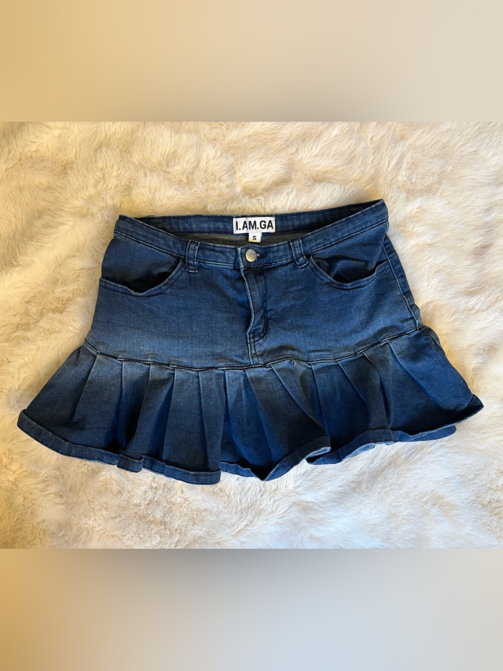 I.AM.GIA Dark Blue Pleated Denim Mini Skirt